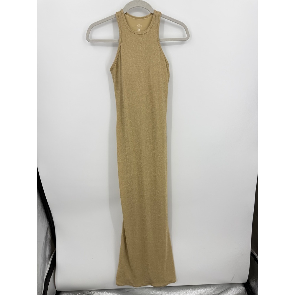 Klassy Network Lurex Maxi Dress Womens XS‎ Gold Metallic Shimmer Racerback Slit